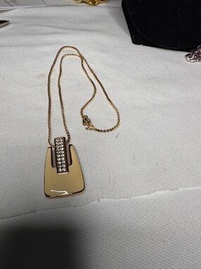 Gold-Tone Cream Enamel Pendant Necklace with Crystal Accent BJC designer.